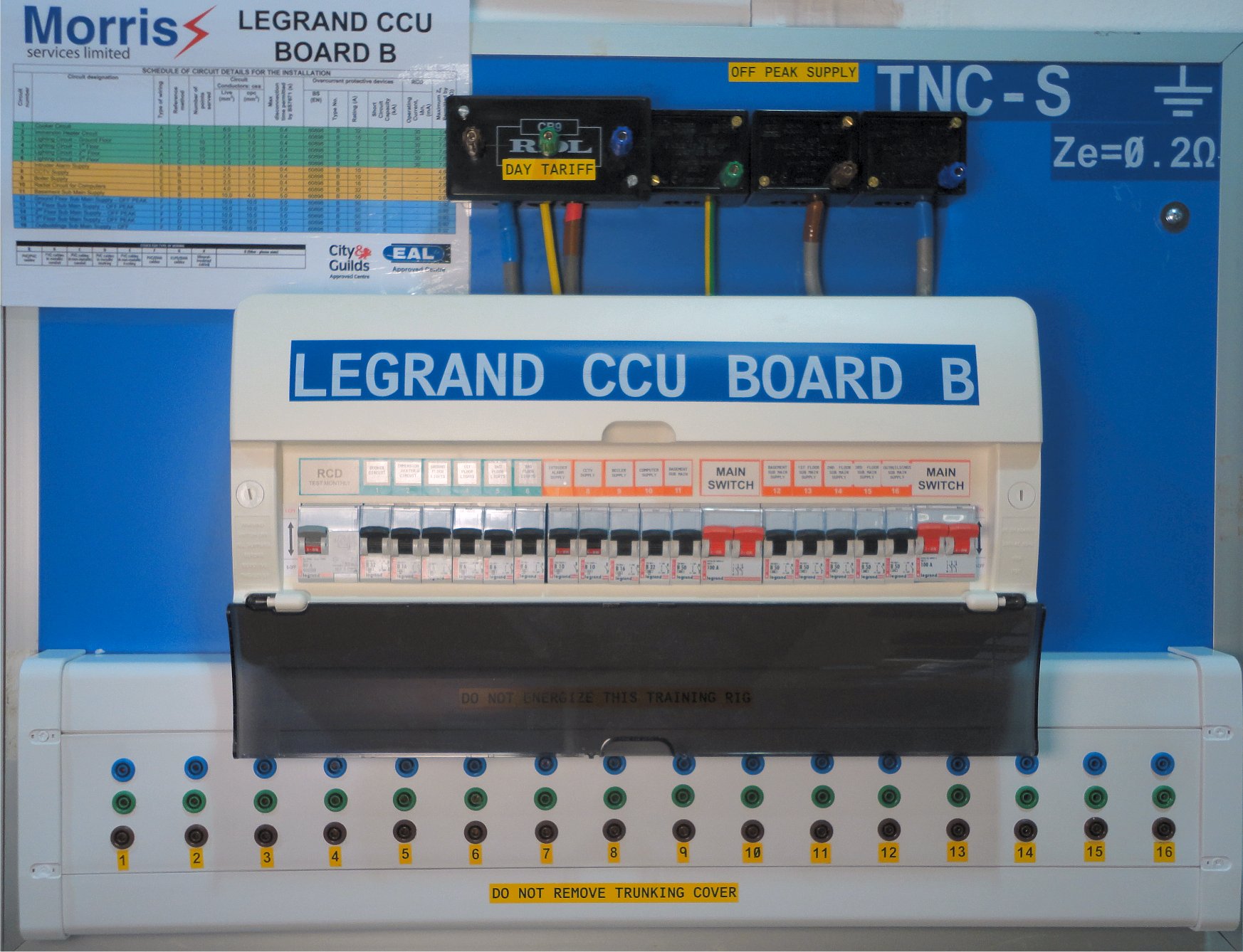 Legrand CCU Board B is used at Morris Services Limited to provide practical training and verification of earth fault loop impedance of final circuits and R1 + R2 measurred valueds on the City & Guilds 2394-01 Level 3 Initial Verification Course and the new EAL 7695 Level 3 Electrical Qualiifed Supervisors course.