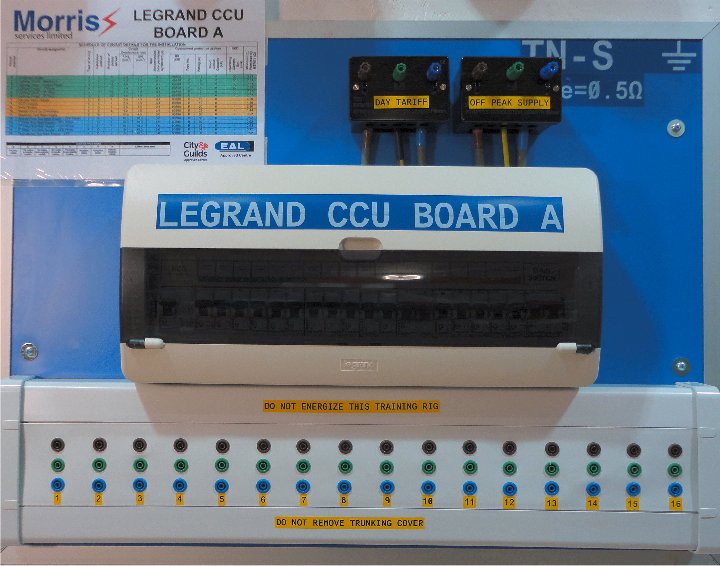 Legrand CCU Board A is used at Morris Services Limited to provide practical training and verification of earth fault loop impedance of final circuits and R1 + R2 measurred valueds on the City & Guilds 2394-01 Level 3 Initial Verification Course and the new EAL 7695 Level 3 Electrical Qualiifed Supervisors course.